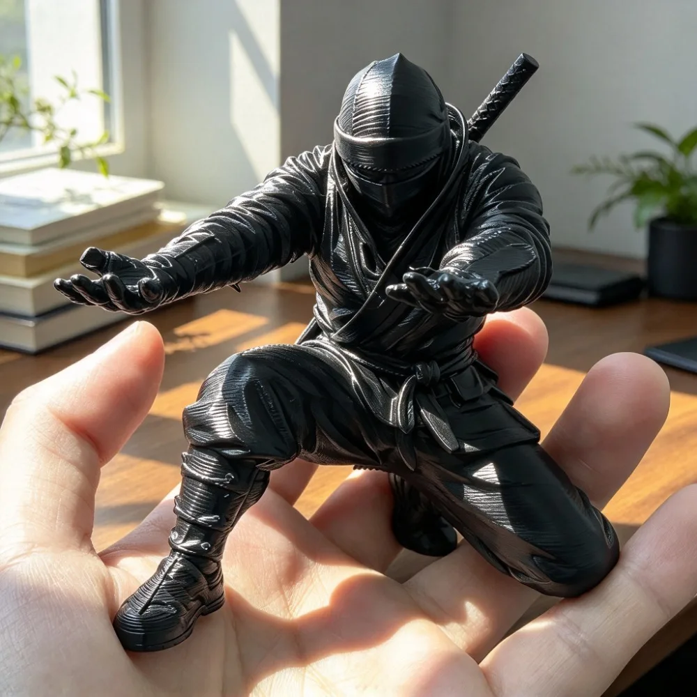 3D Printed Ninja Pen Holder, Black and Silver Ninja Statue, Desktop Organizer, Creative Desk Decoration, Stationery Gift