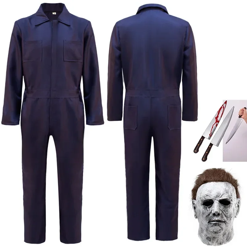 ภาพยนตร์ฮาโลวีน Michael Myers เด็กผู้ใหญ่ปีศาจฆ่า Jumpsuit หน้ากาก Prop Stage ทํางานเครื่องแบบชุดคอสเพลย์