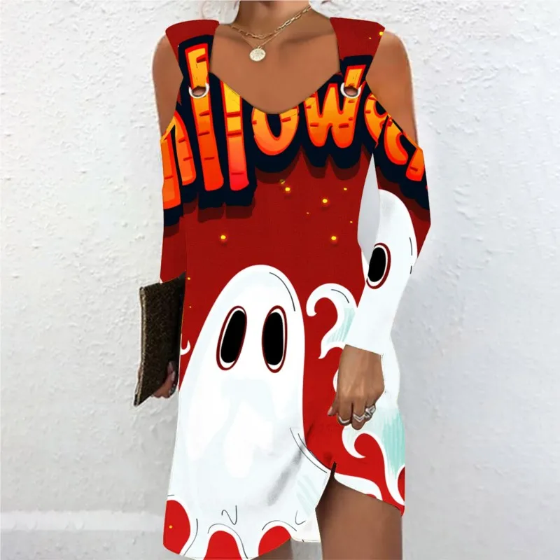 Vestidos For Women New Halloween Print Slim Off spalla moda Sexy Casual elegante Vintage Festival Dress Up Lady 2024 Summer