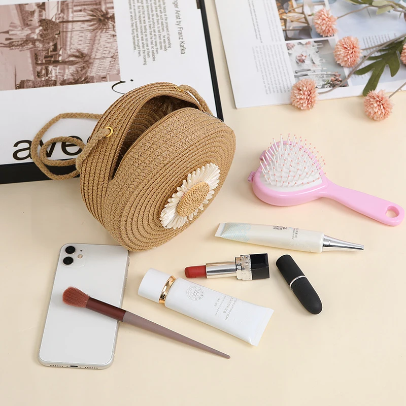 Travel Beach Straw Bags for Girl Summer Cute Flower Woven Crossbody Bags Mini Zipper Kids Princess Messenger Bags Photo Props image 5
