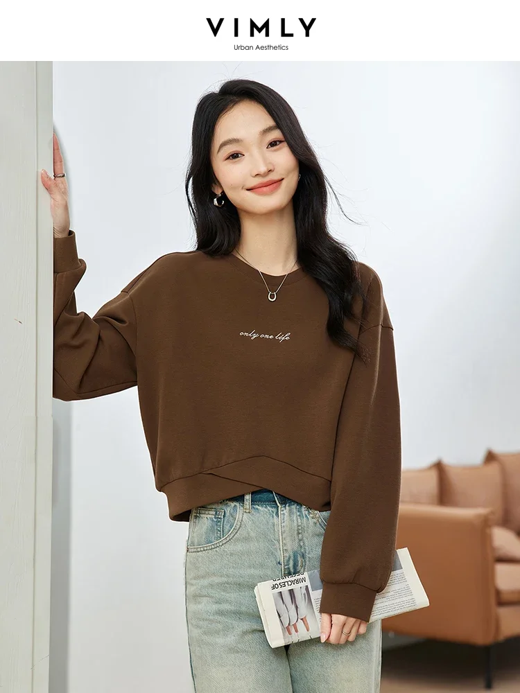 

VIMLY Women's Commuter Sweater Autumn Irregular Loose Pullover Letter Print Sweater Embroidery Short Simple Versatile Top M8313