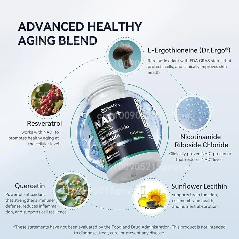 NAD+Nicotinamide Nucleoside NR, Trans Resveratrol Quercetin Support Cellular Energy Health Aging 60 Capsules