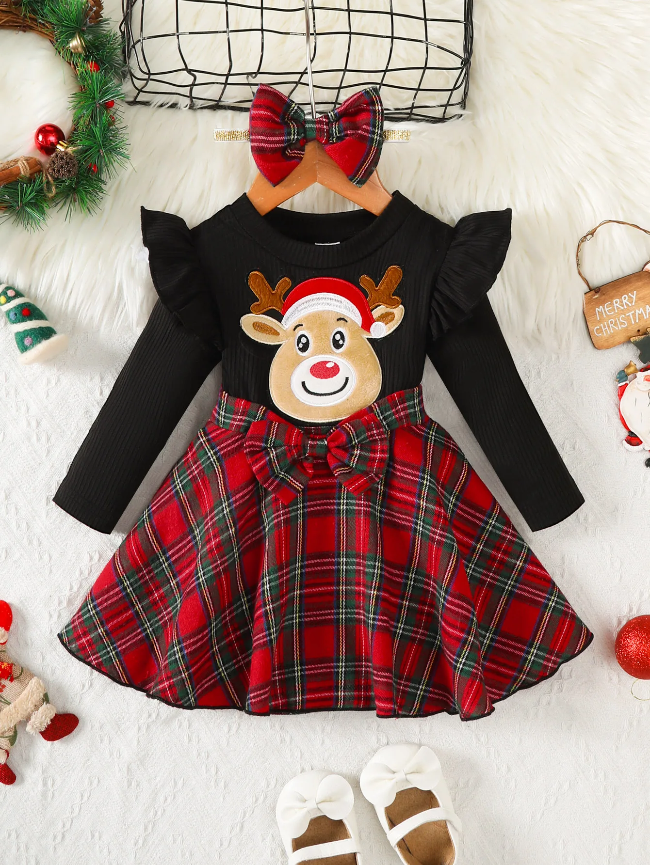 Baby Girl Holiday Party Dress Reindeer Red Checkered Long Sleeved Dress Suitable for 0-3 Year Old Baby Girl Christmas Dress
