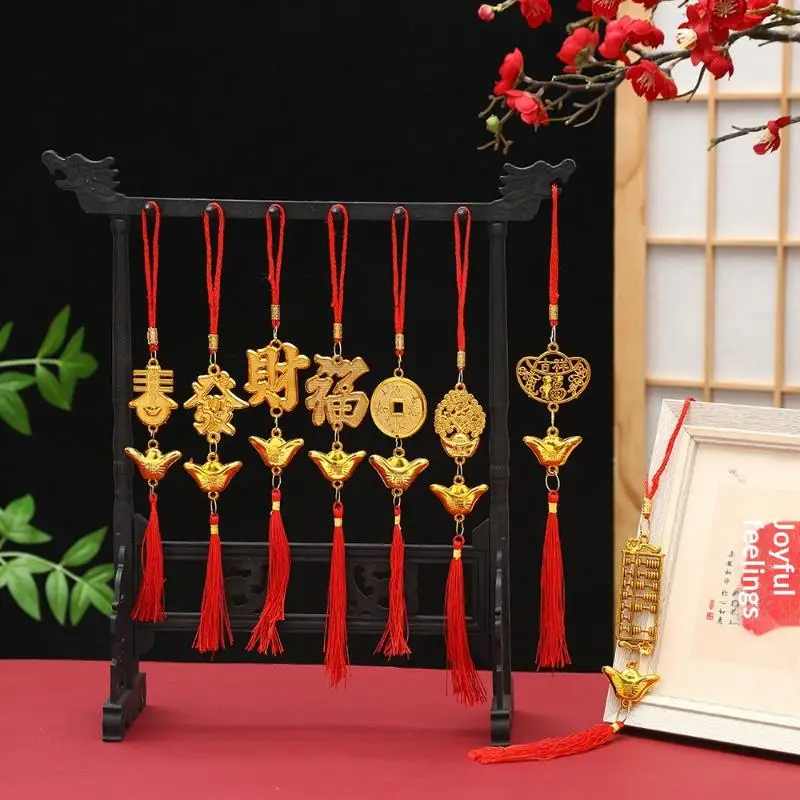Chinese New Year Gold Ingot Hanging Ornaments Lucky Fu Design Red Tassel For Home Car Spring Festival Decor