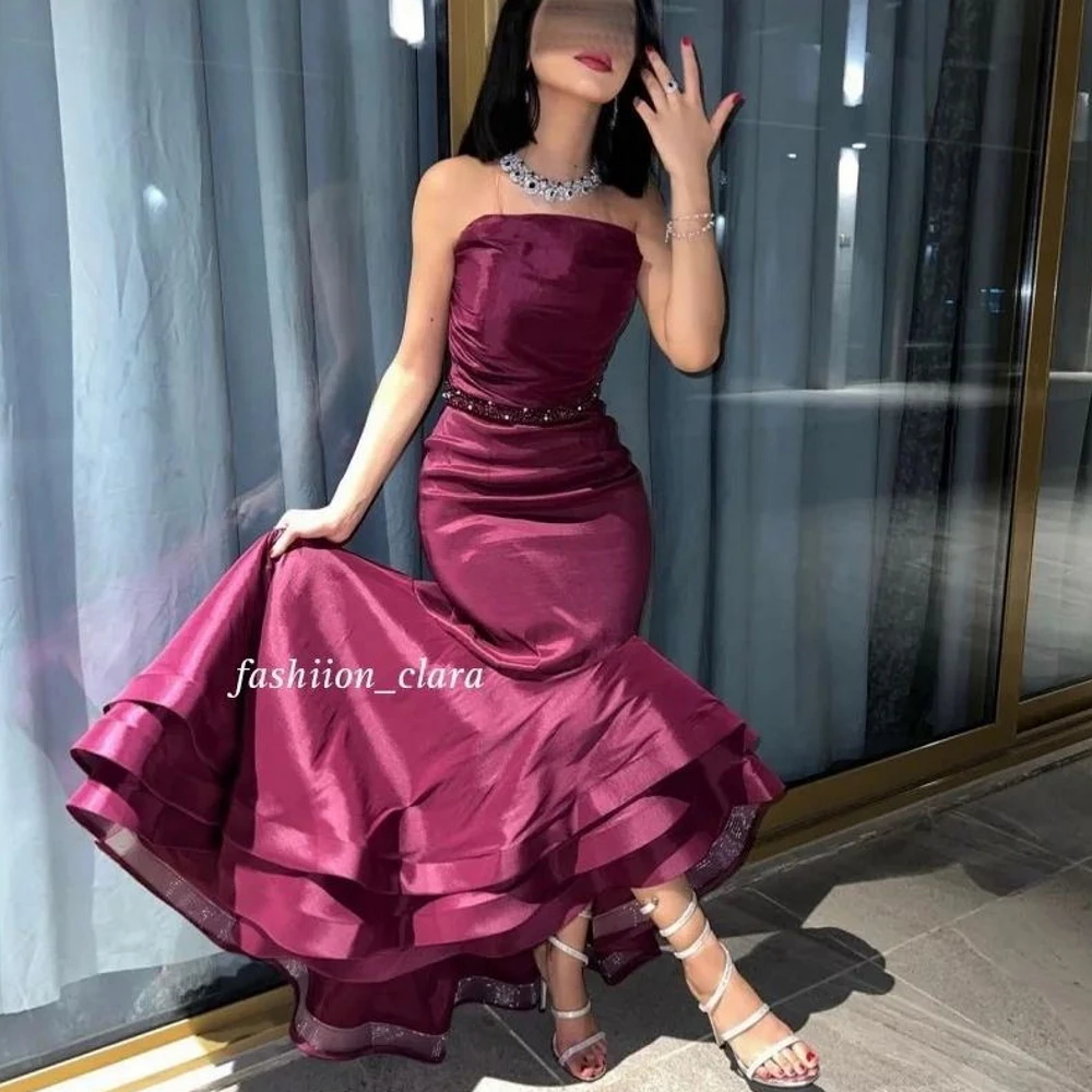 

Carolina Off Shoulder Evening Dresses Women Saudi Arabia Satin Tiered Purple Vintage Wedding Guest Elegant Formal Party Gowns