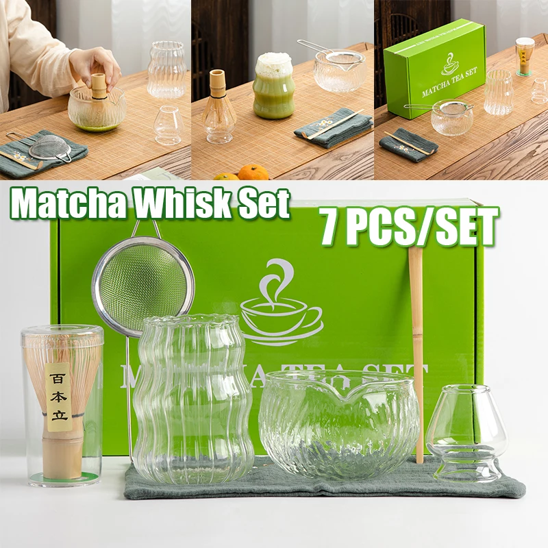 7Pcs Matcha Whisk Set Clear Glass Japanese Matcha Tea Set Bamboo Tea Whisk Matcha Brush Kiln Accessories Song Dynasty Tea Tools