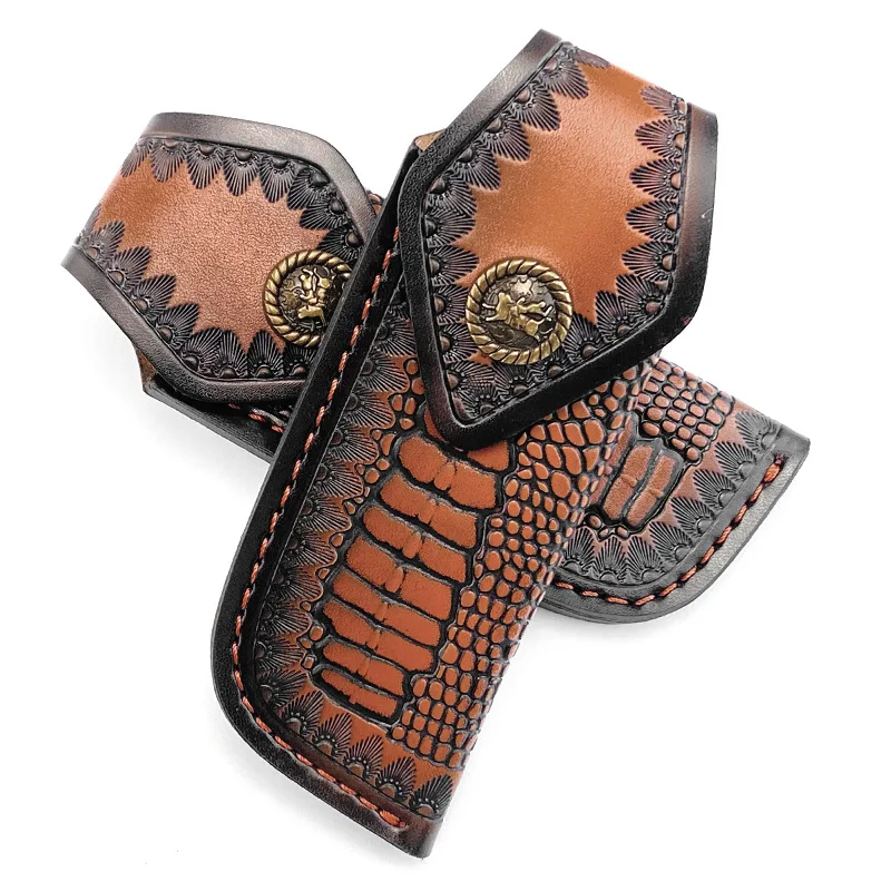 Genuine Cowhide Folding Knife Sheath - Universal Full-Grain Leather Case for Swiss Army Knife Embossed Design