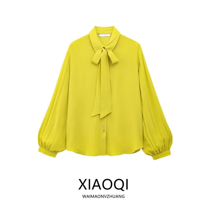 2025년 봄 여성 패셔너블 긴팔 플리츠 칼라 셔츠 나비 매듭 장식 다용도 의류 스윗 스타일 루즈핏