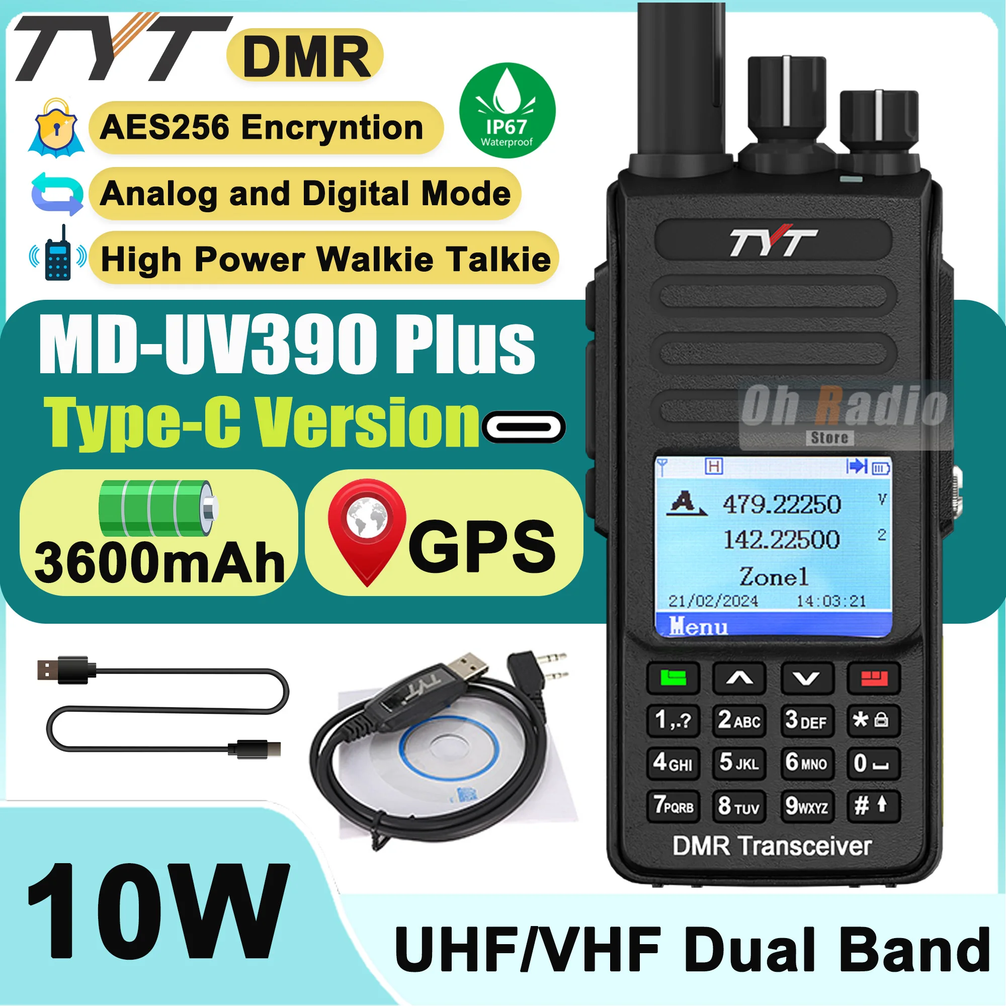 TYT MD-UV390 Plus DMR Digital Radio 3600mAh GPS AES256 Encryption 10W Type-C IP67 Waterproof 390 VHF/UHF Dual Band Walkie Talkie