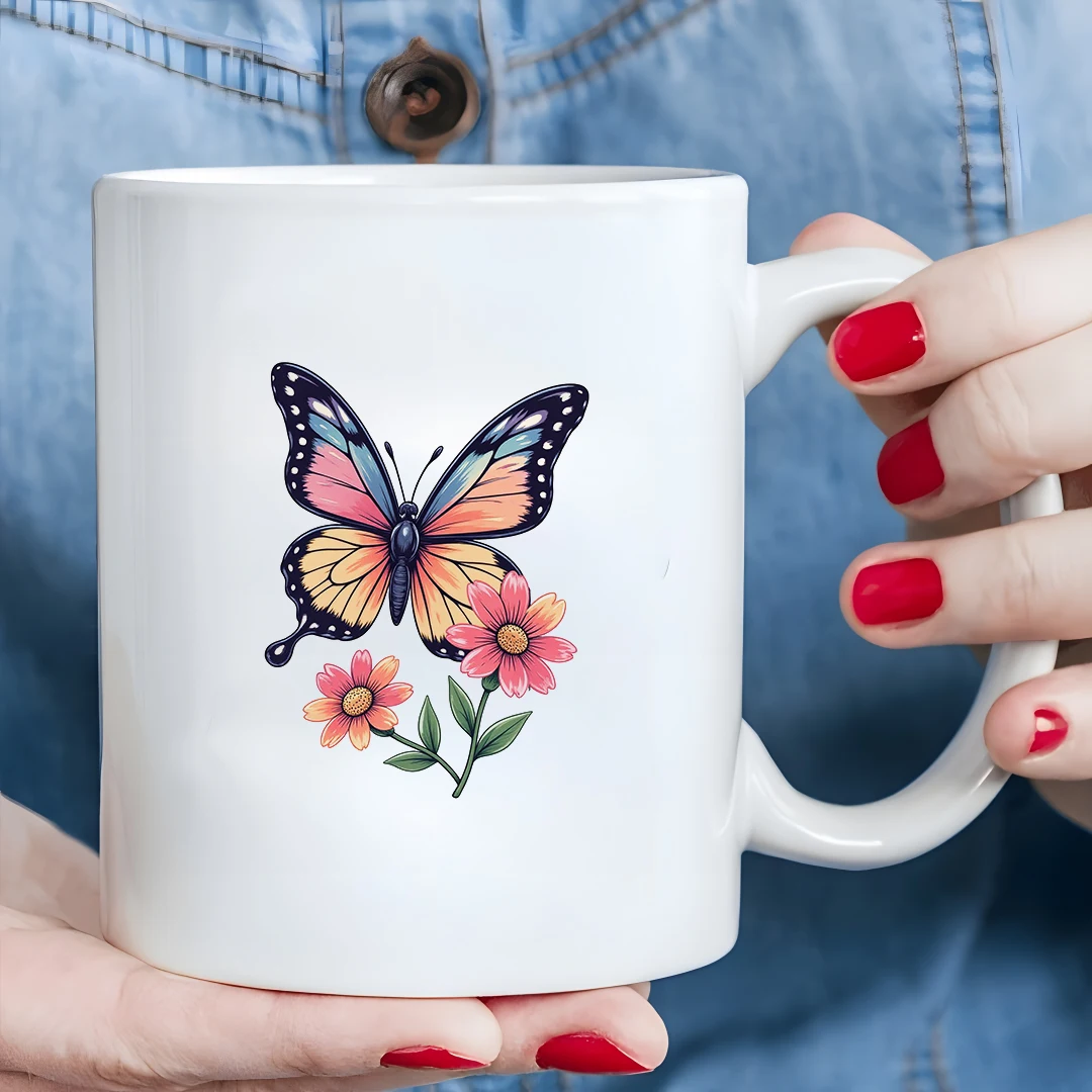 

11oz Butterfly Illustration Mug Children's Cold & Hot Drink Cup Cartoon Flower Bouquet Christmas Gift Family Office Cup