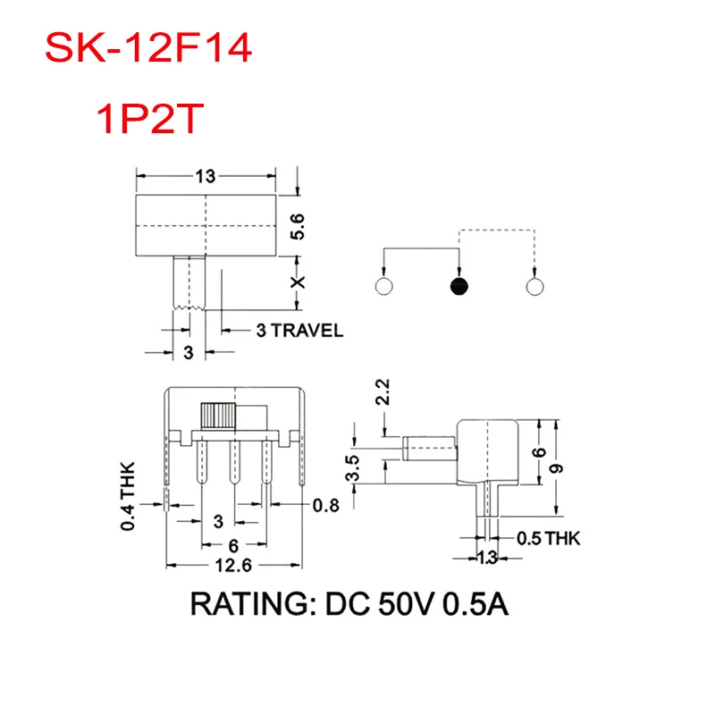 Interruptor de palanca de micropotencia de 10 piezas, interruptor deslizante de engranaje deslizante Horizontal de inserción directa, SK-12F14