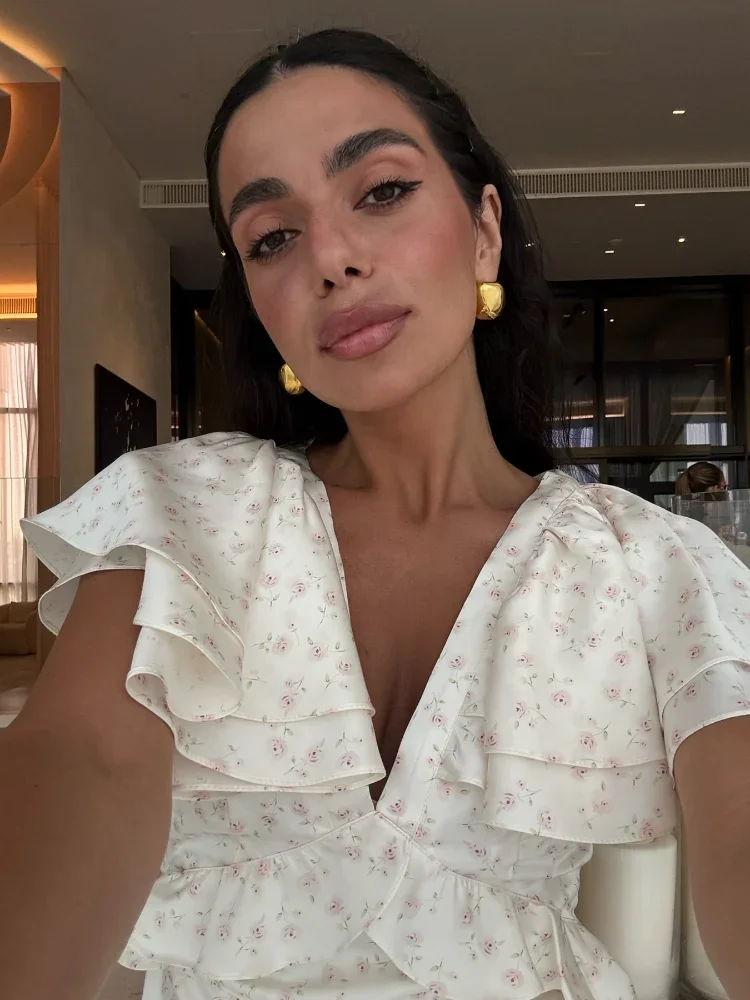 Babados floral impresso cetim maxi vestido feminino verão manga curta com decote em v sexy magro robes elegante festa de noite vestido longo 2025