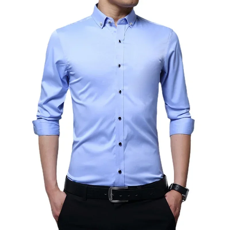 New Men\'s Long-sleeved Diamond Button-neck Business Solid Color Korean Version Slim-fit Professional Casual Short-sleeved Shirts