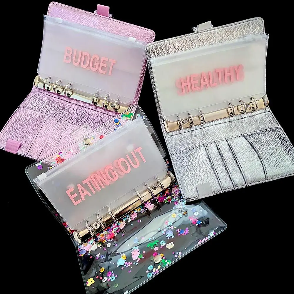 Organizador de bolsas de 6 anillos, bolsa de hojas sueltas, carpeta con cremallera, bolsillos para efectivo, sobre de ahorro, cuaderno, serie rosa