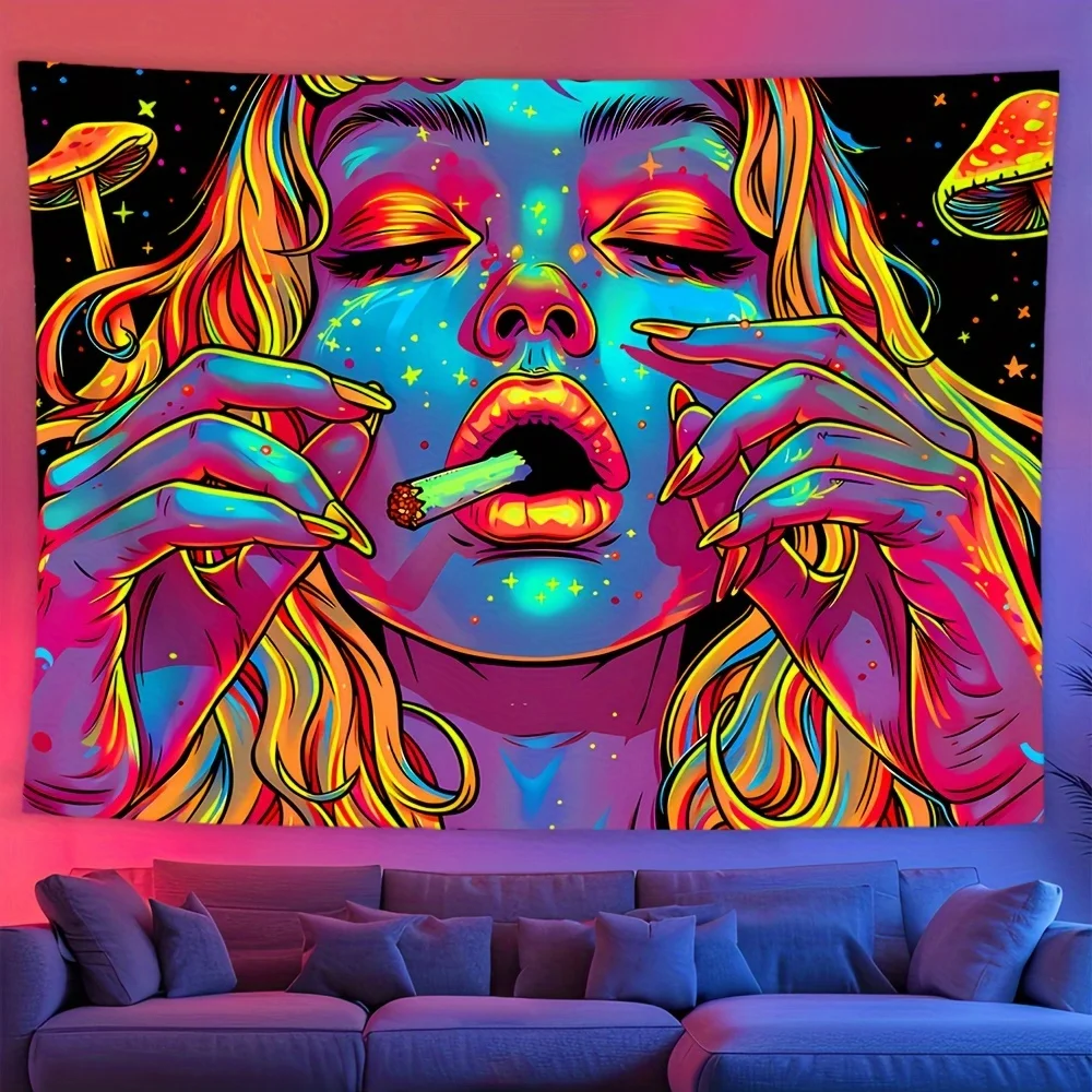 Psychedelic Steam Wave Girl Tapestry Neon Starry Night Bohemian Living Room Coffee Shop Room Decoration Free Hooks Included
