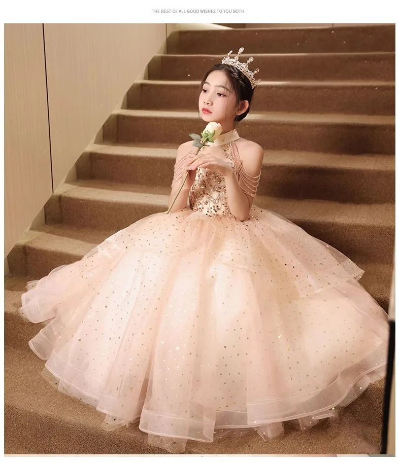 Children's Dresse Luxury Perspectively sexy sequins Beading flower halter Sleeveless Long wedding Ball Birthday party Girl Dress