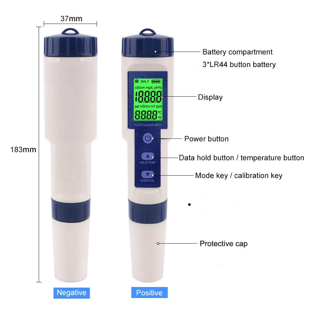 High-precision Home Water Quality Detector Multifunctional 5-in-1 PH/TDS/EC/SALT/TEMP Detection For Wate/Food/AquaculturePool