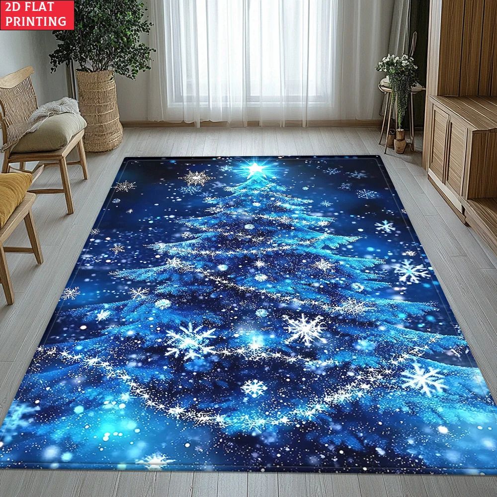 1pc Flat 2D Blue Shiny Christmas Tree Pattern Area Rug, Non Slip & Washable, Versatile Home Decor,Ideal Gift,Perfect for Kitchen