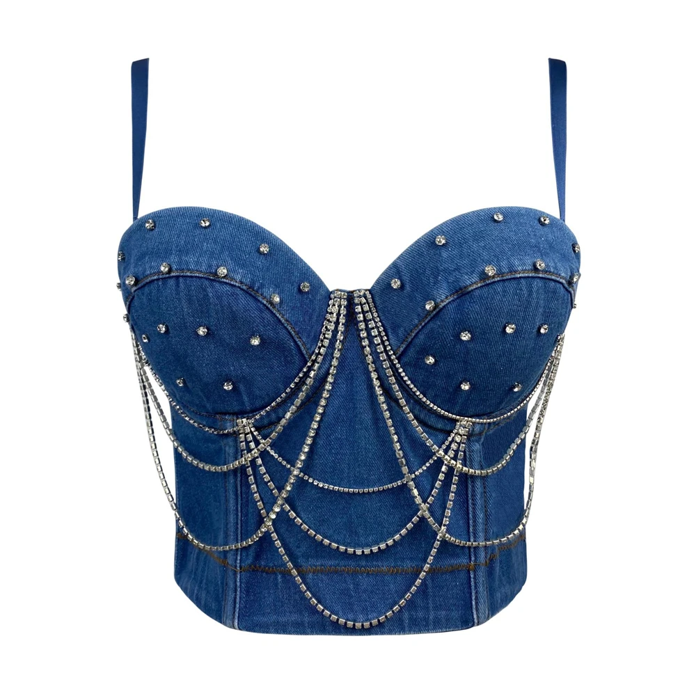 New Women Denim Tank Tops Bras Female Going Out Tassel Diamonds Luxury Camisole Nightclub Party Sexy Backless Cropped Top