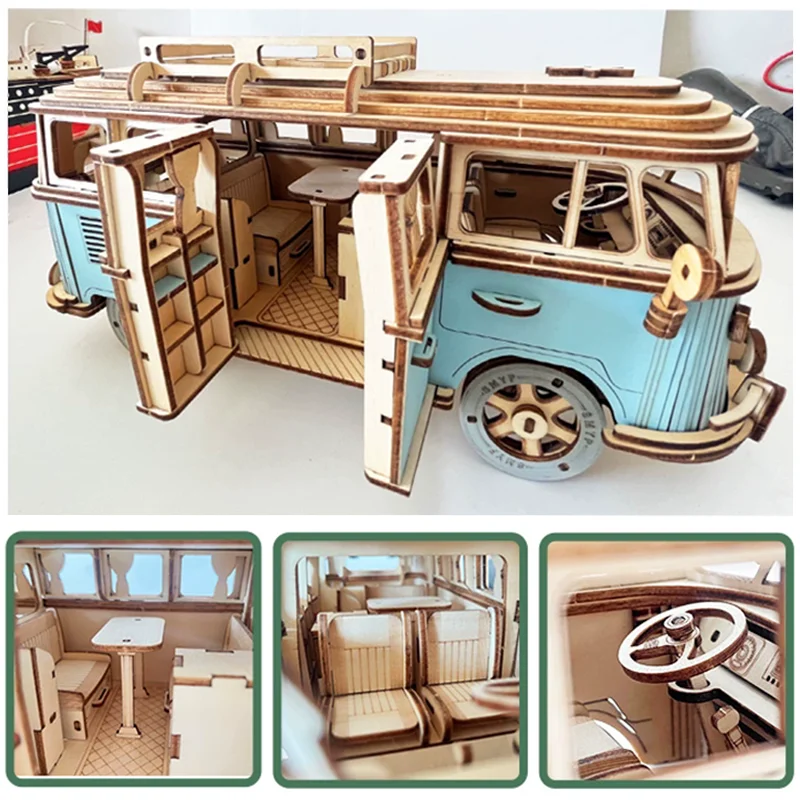 Retro Bus European-style Campervan 3D Wooden Car Puzzle Toys DIY Handmade Recreation Vehicle Puzzle House Model Toy For Children