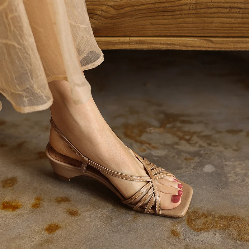 PYUXD Genuine Waxed Leather Strappy Sandals Women Summer 2026 Criss Cross Square Toe Hidden Wedge Mid Block Heel Slingback Shoes