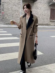 LANMREM Long Blazer For Women Notched Collar Color Block Single Breasted Office Lady Fashion Coats 2024 Autumn New 2DA7504