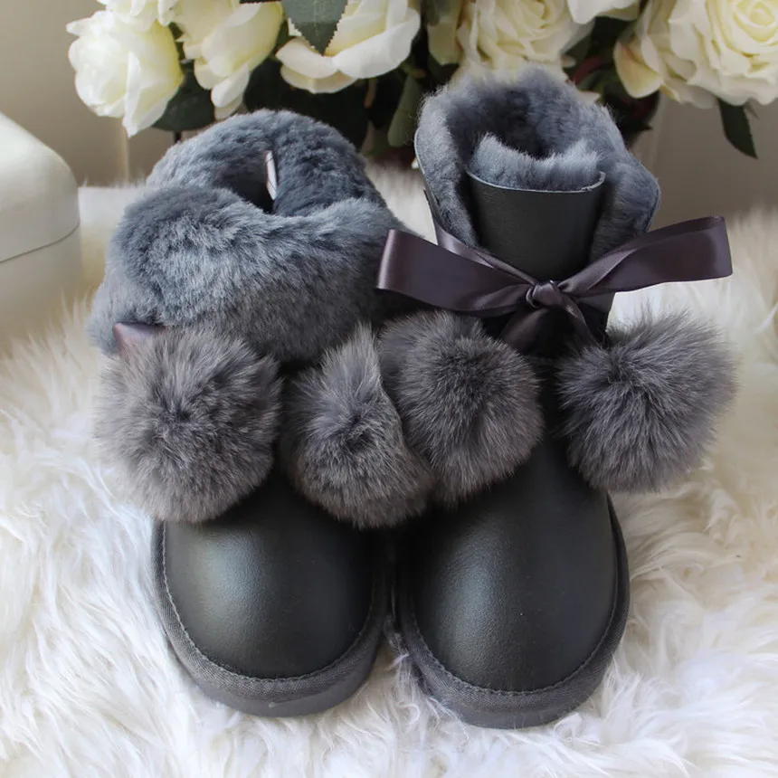 

G&ZaCo Luxury Genuine Sheepskin Boots Women Winter Fox Ball Wool Snow Boots Waterproof Sheep Flat Short Boots Women's G Boot