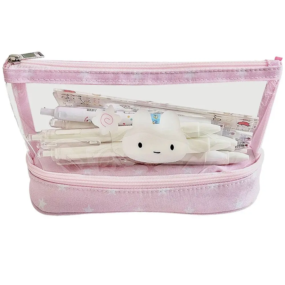 Pink Star Rabbit Pattern Pen Bag Transparent Double Layers Pencil Case Vertical Base Large Capacity Stationery Organizer