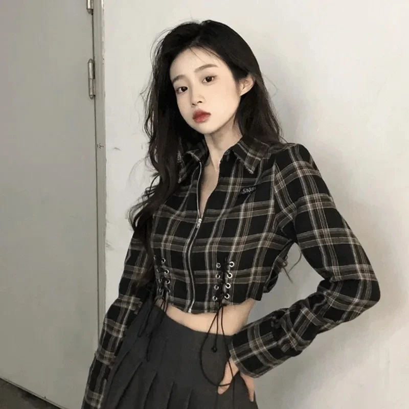 

Women Spring Autumn Slim Plaid Bandage Polo Shirts 2024 New Tees Korean Preppy Style Zipper Crop Tops Cotton Long Sleeve Blouse