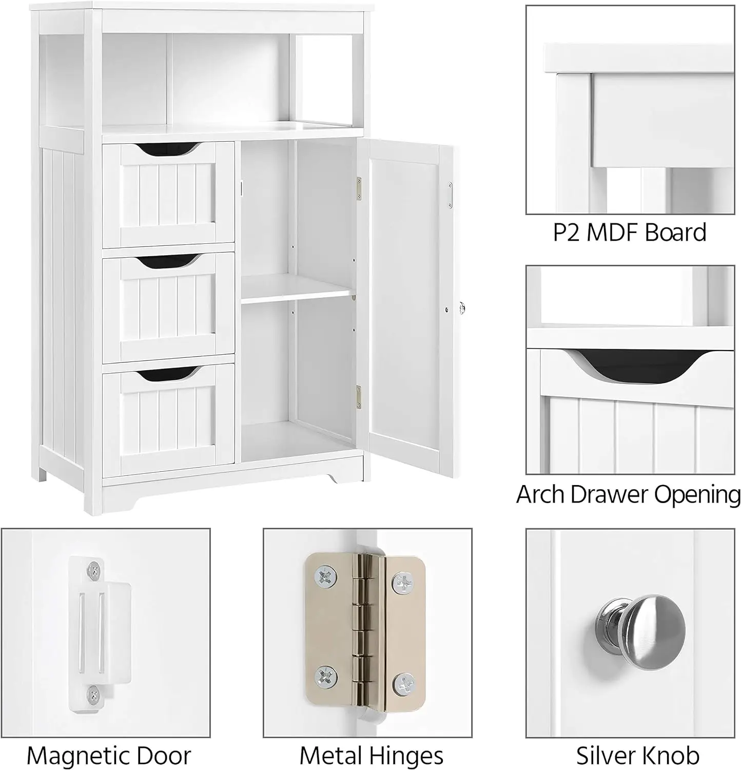 Floor Cabinet Wooden Storage Organizer w/1 Door & 3 Drawers,Free-Standing Cupboard for Kitchen/Living Room/Bathroom, White