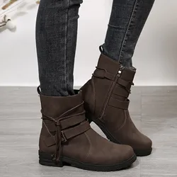 Buckle Belt Decor Zipper Side Faux Suede Combat Boots 2023 New Women Boots Large Size Fashion Casual Comfort Female Booties