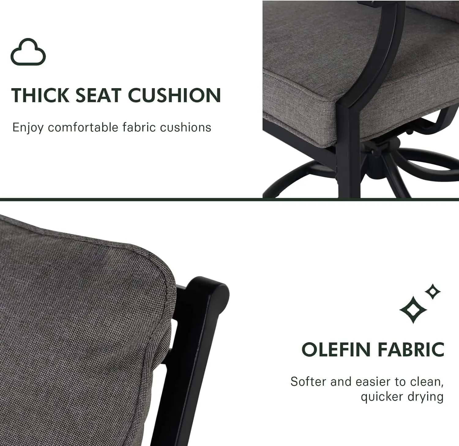 Обеденный набор на 2 человека, обеденный набор на открытом воздухе с электронным покрытием, 2 вращающихся обеденных стула, набор уличной мебели с подушками Olefin, серый