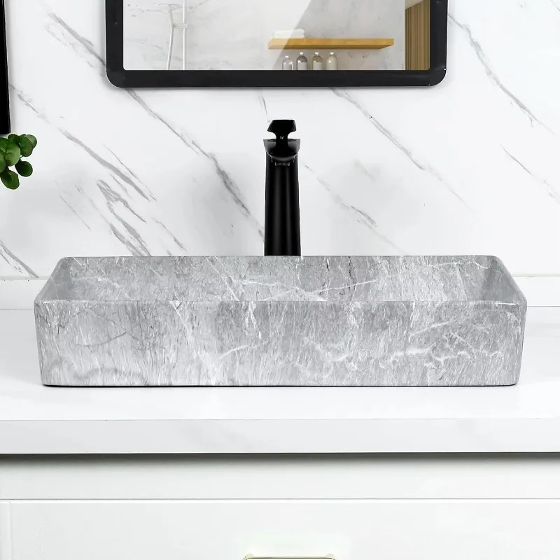Large Container Sink Rectangle, Modern Bathroom Rectangle Grey Ceramic Container Above Counter