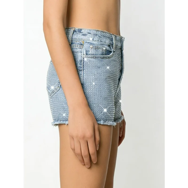 Sommer-Shorts für Damen im 2000er-Jahre-Stil, Y2K-Jeans-Shorts, Distressed Denim, Slim Fit, Elegant, Modisch mit Kristallverzierung