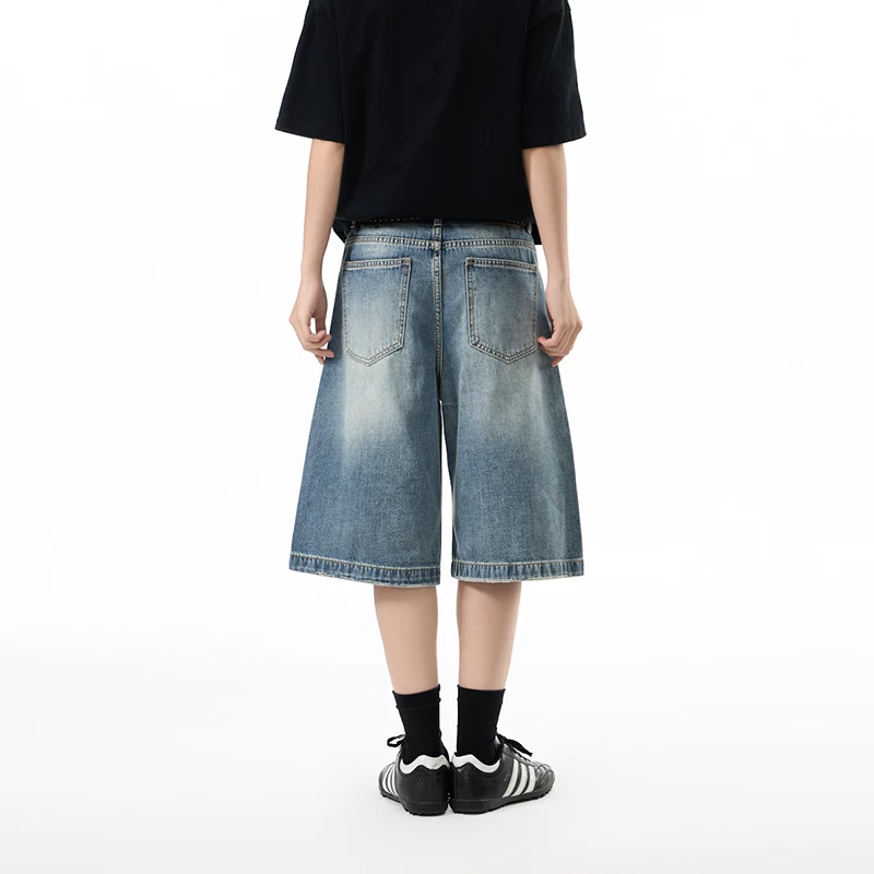 Summer Lightweight American Style Washed Distressed Loose Catear Denim Cropped Pants For Men And Women, Straight Wideleg