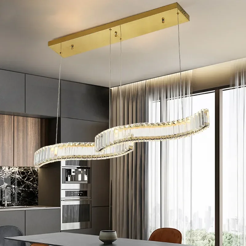 

Modern Dining Room Dimmable Led Pendant Lights Double S Wave Steel Lustre K9 Crystal Led Luminarias Indoor Art Deco Hanging Lamp