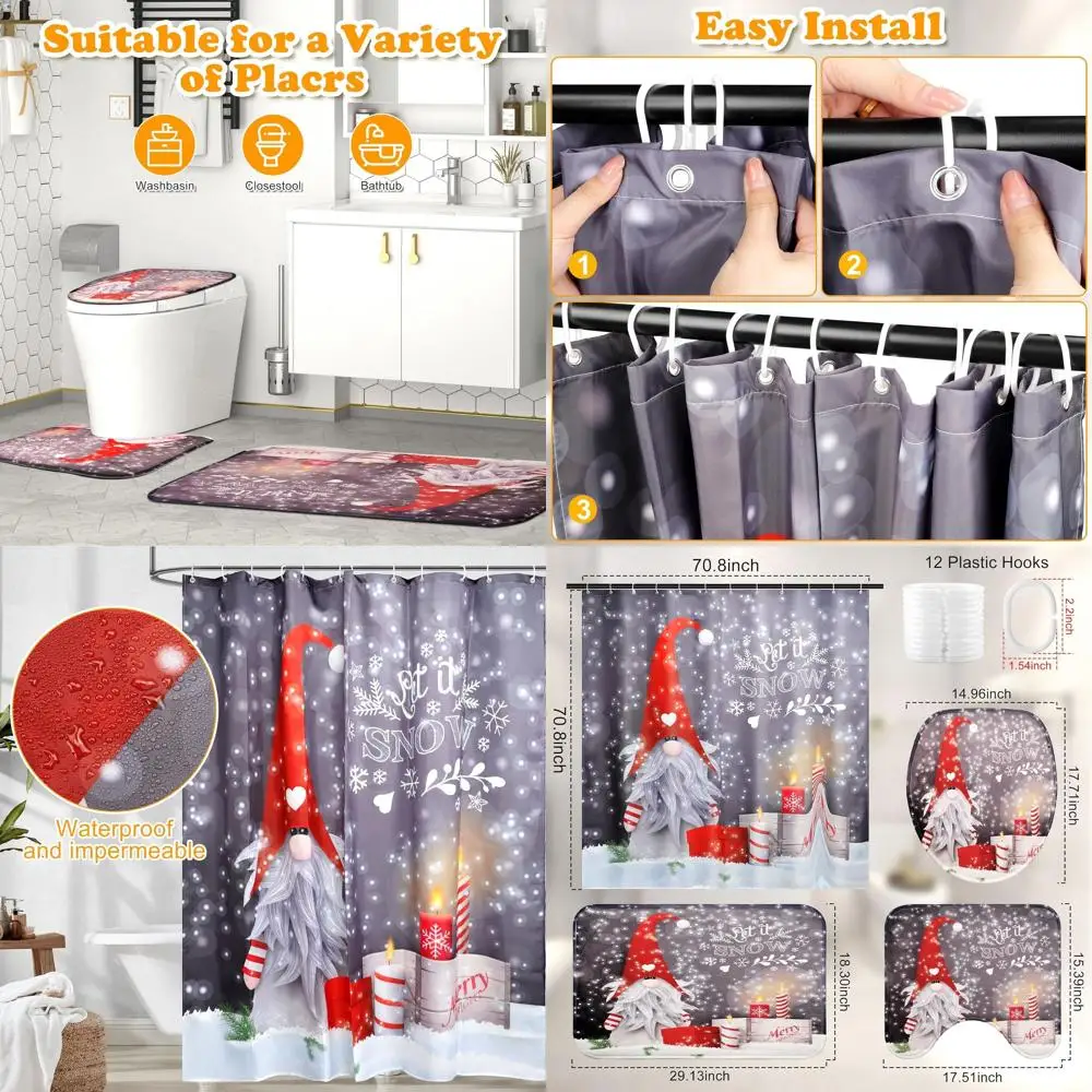 

Holiday Bathroom Set: 72x72 Shower Curtain & Rugs with Gnome Theme