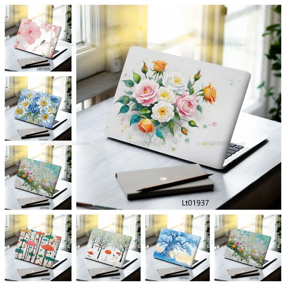 2 Pack Removable Floral Stickers - PVC Self Adhesive Vinyl Decals for Laptop Tablet Decor