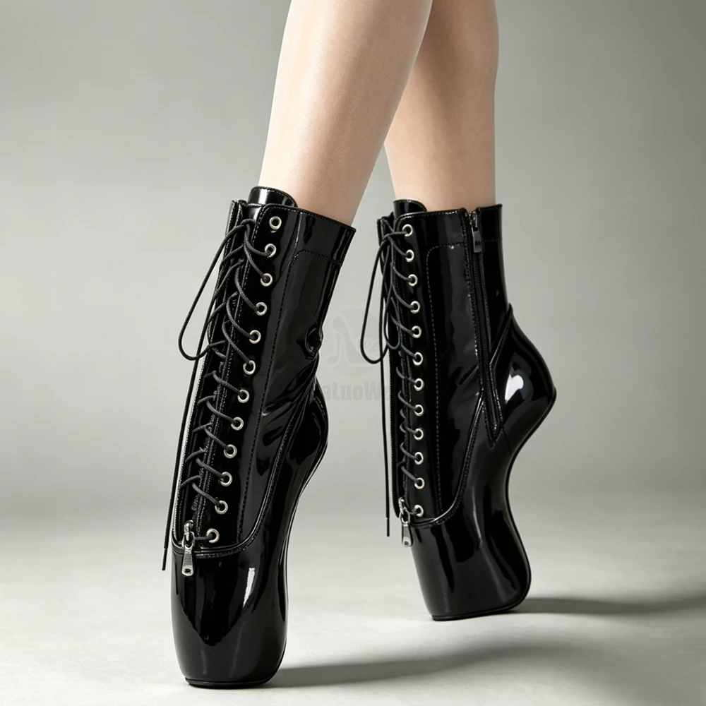 

jialuowei 18cm/7" High Heels Cross-tied Zip Fetish Sexy Wedge Hoof Sole Heelless Pinup Ballet Ankle Boots Plus 36-46