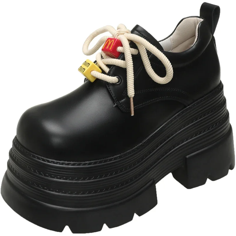 

New 2025 Spring Women Platform Casual Shoes Loafers Lace-up Chunky Sneakers 10CM High Heels British Thick Bottoms Leather Shoes