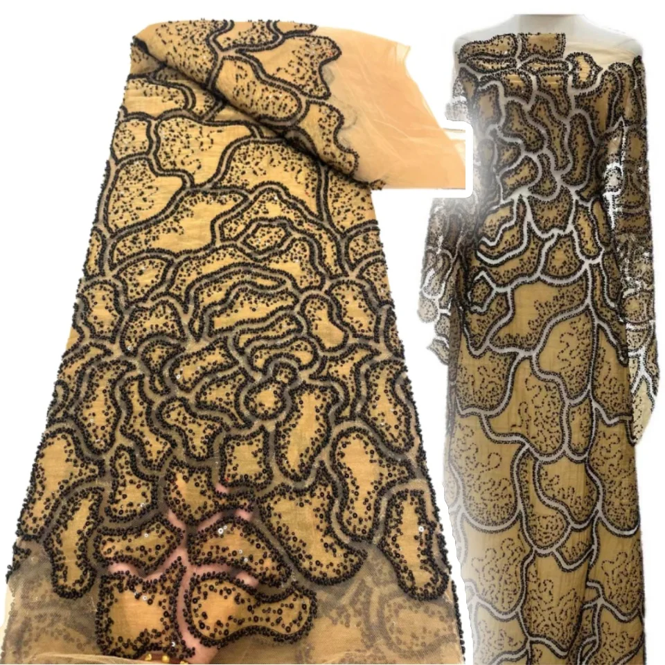 

Yellow Latest African Sequins Lace Fabric High Quality Lace Embroidery Beaded Mesh Fabric for Women Wedding Party Dress TP1256