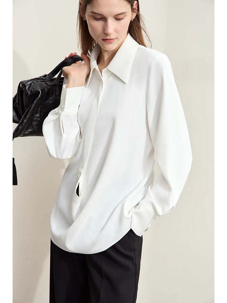 Amii Minimalism 2024 Women\'s Elegant Blouse Autumn New Lapel Half Cardigan Loose Shirts and Blouses Trendy Casual Tops 12443068