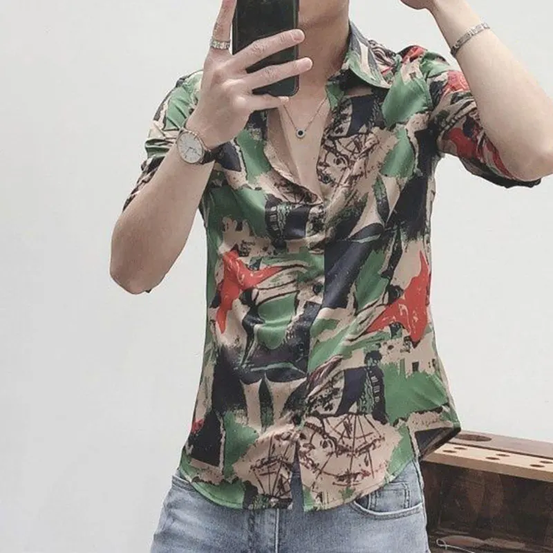 

Elegant Fashion Harajuku Slim Fit Ropa Hombre Loose Casual All Match Shirt Square Neck Korean Version Button Middle Sleeve Blusa