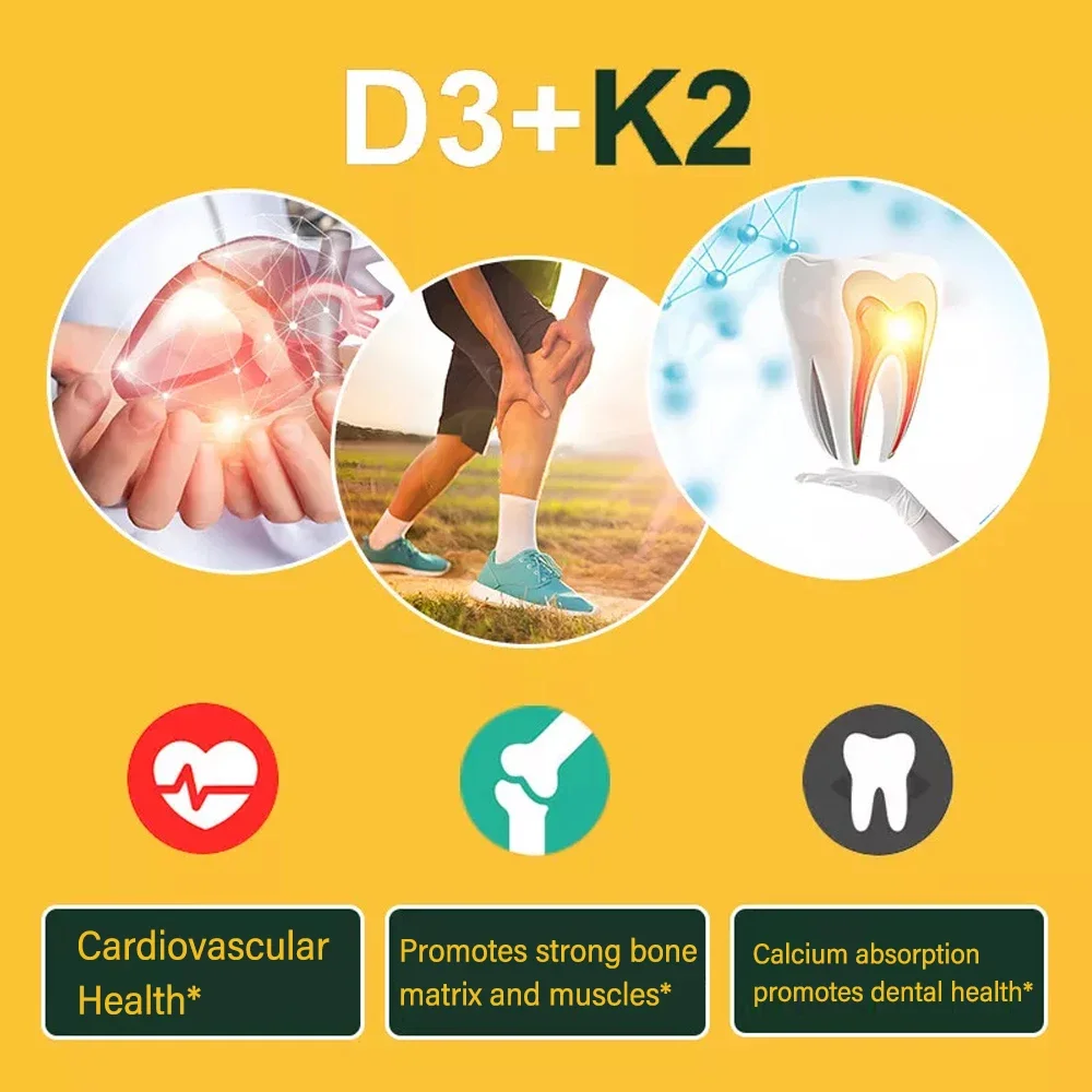 Vegetarian Vitamin D3 + K2 Capsules Improved Calcium Metabolism Bone Health Heart and Immune System Support Vitamin K and D