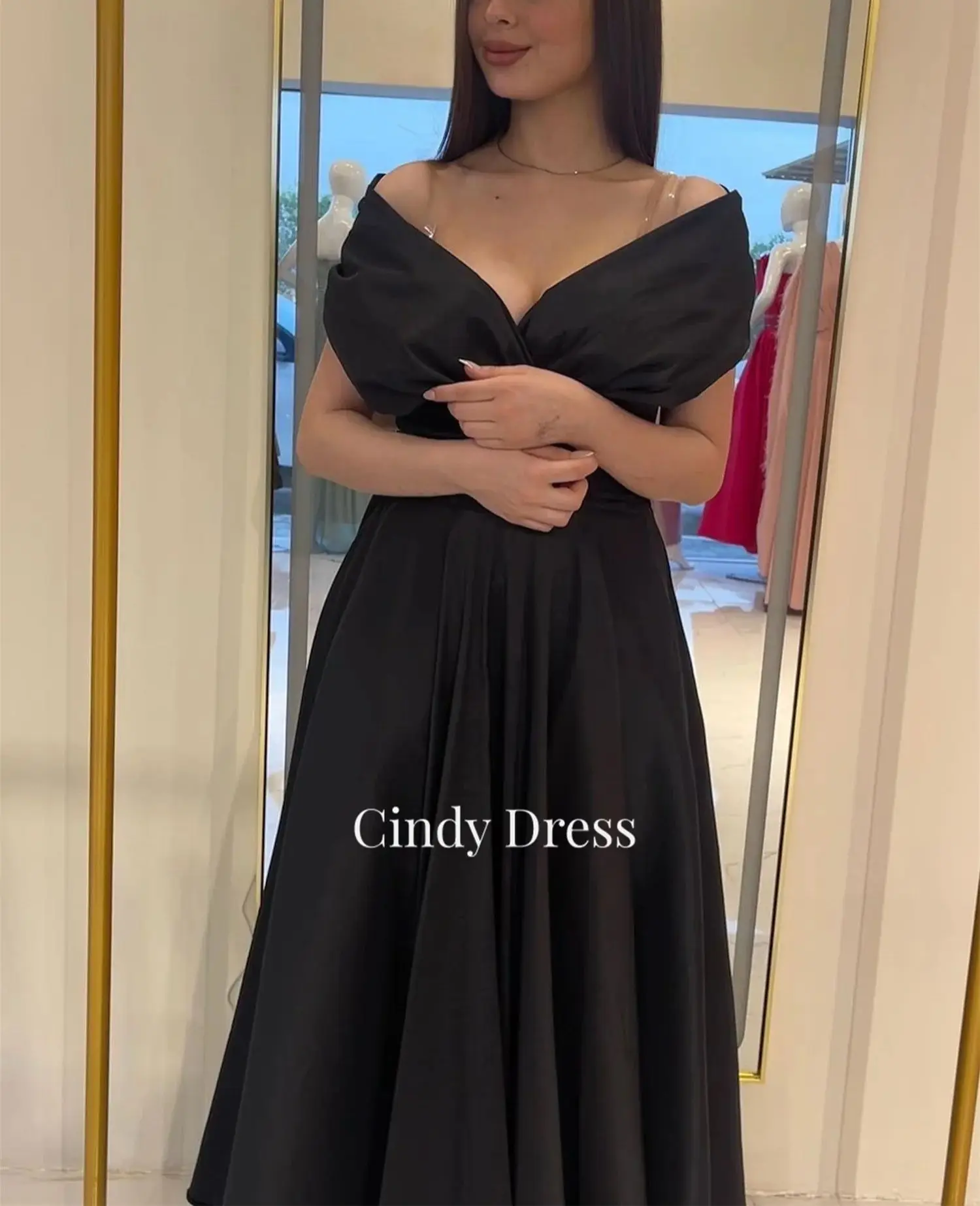 Cindy-Robe de soirée trapèze en satin pour femmes saoudiennes, robes de Rhpour dames, noir, blanc, élégant, sexy, fête de mariage, stérilie, 2024