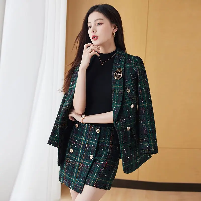 Tweed Blazer and Shorts for Ladies, Small Fragrance Plaid Suits, Double Breasted, High Waisted, Two-Piece Sets, Autumn Winter