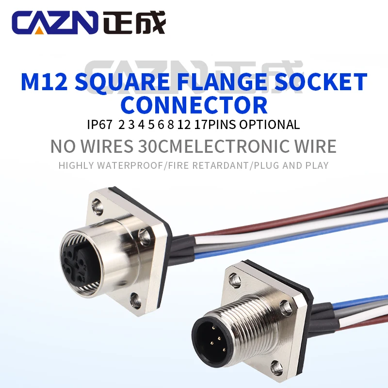 

CAZN M12 Square Flange Socket Connector A B D Code 4pin 8pin Male Female Solder Cable Signal Circular Connectors With 30cm Wire