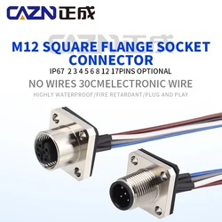 CAZN M12 Square Flange Socket Connector A B D Code 4pin 8pin Male Female Solder Cable Signal Circular Connectors With 30cm Wire