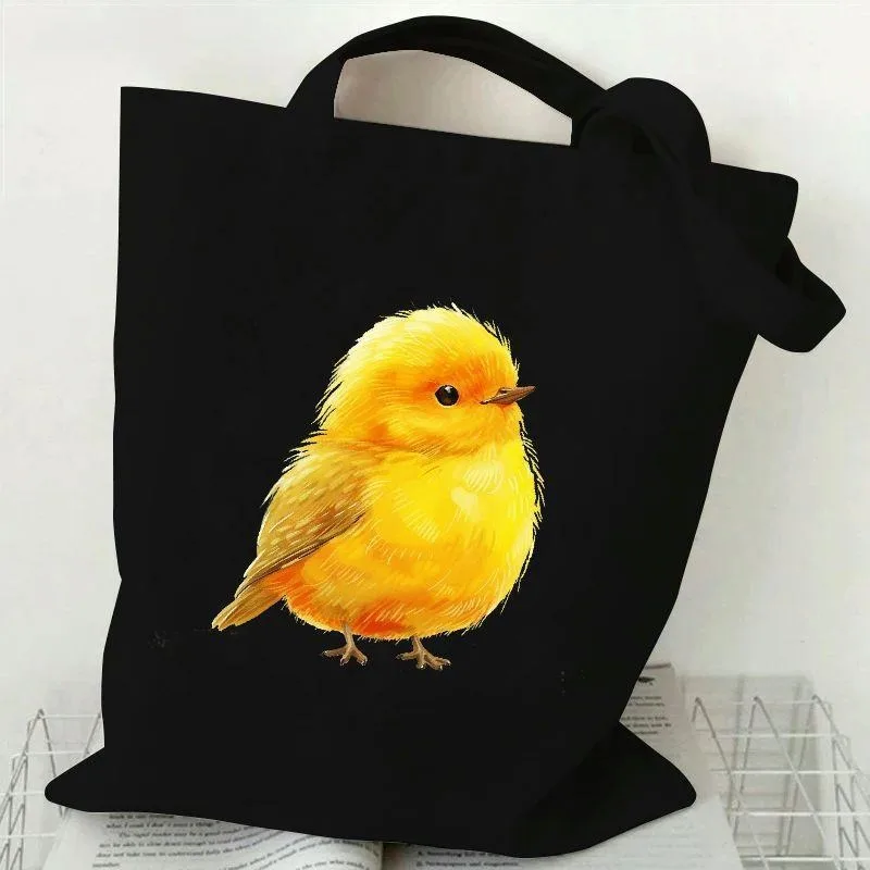 

Black Canvas Bag Cute Yellow Fluffy Bird Print Fluffy Feather Texture Clear Tiny Claw Details Realistic Sweet Casual Bag
