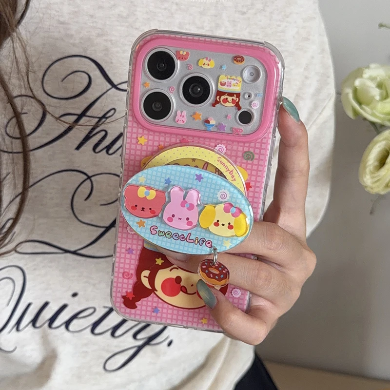 Korean Cute Girl Animal Plaid Pattern Magnetic Phone Case For iPhone 17 Pro 16 15 Pro Max Cover with Magsafe Stand Holder Cases view 3